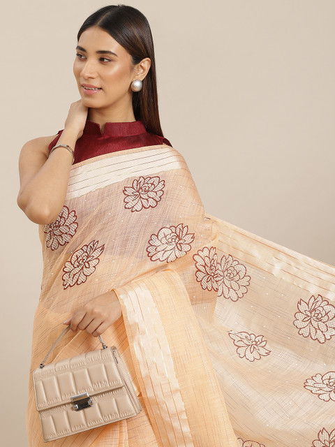 Mitera Peach-Coloured Floral Print Saree 
Mitera Peach-Coloured Floral Print Saree