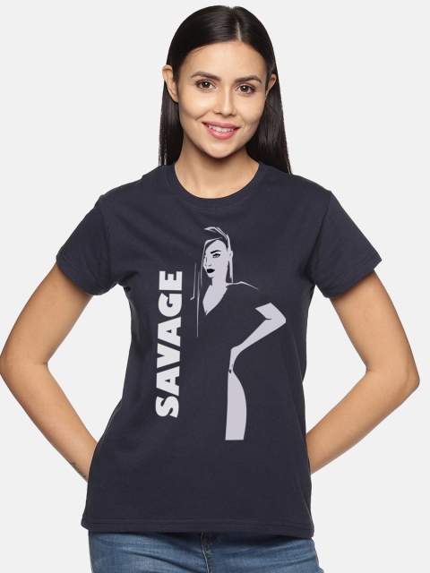 BEVERLY BLUES Women Navy Blue Typography Printed Raw Edge T-shirt