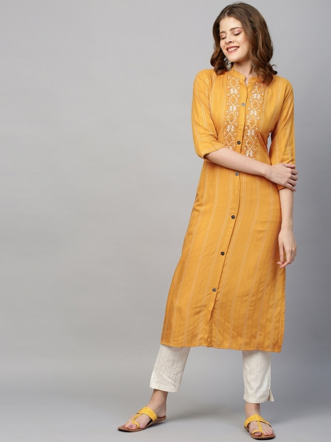 FASHOR Women Mustard Yellow Embroidered Mirror Work Kurta