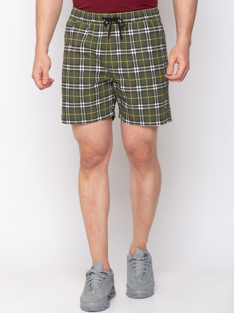 Status Quo Men Olive Green Checked Sports Shorts