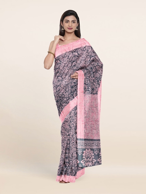 Pothys Grey & Pink Floral Zari Saree