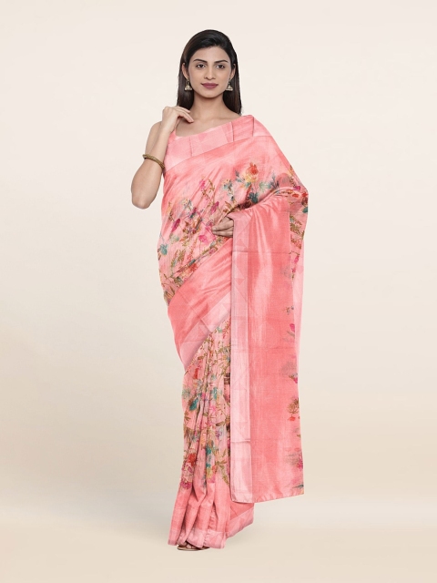 Pothys Peach & Blue Floral Printed Saree