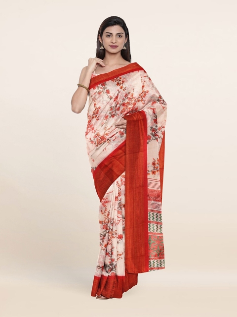 Pothys Off White & Red Floral Printed Zari Saree