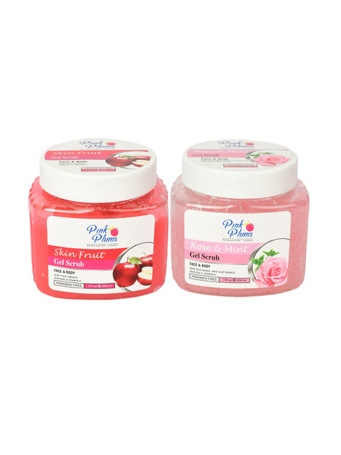 Pink Plums Set of Face & Body Skin Fruit Gel Scrub & Rose and Mint Gel Scrub - 500 ml Each 
Pink Plums Set of Face & Body Skin Fruit Gel Scrub & Rose and Mint Gel Scrub - 500 ml Each