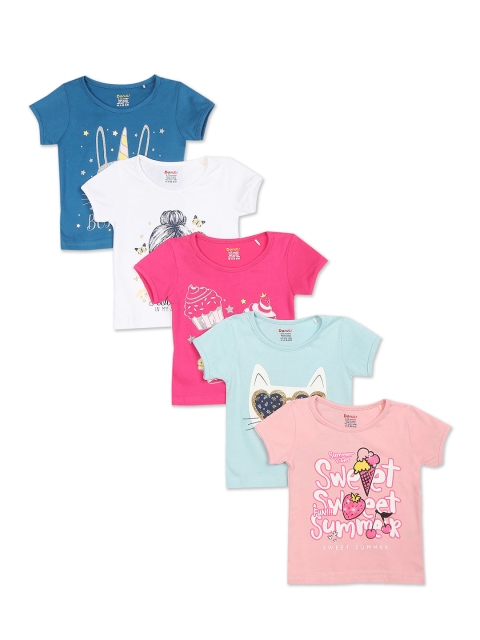 Donuts Girls Set Of 5 Blue & Pink Printed Cotton T-shirt