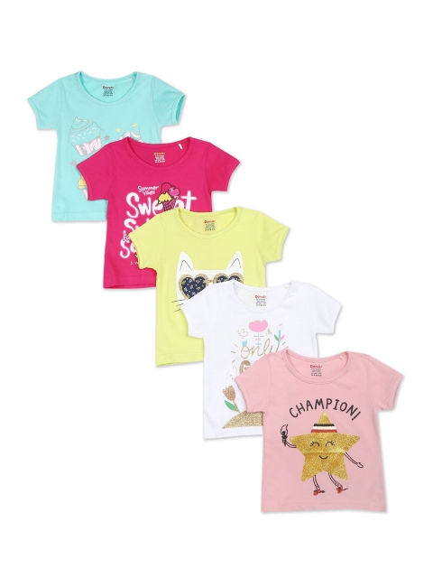 Donuts Girls Blue & Pink Pack Of 5 Printed Cotton T-shirt