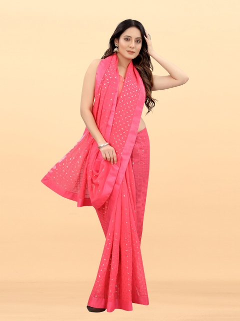 Wuxi Pink & Gold-Toned Sequinned Pure Georgette Saree