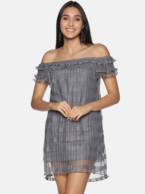 kriatma Grey Striped Off-Shoulder Net A-Line Dress