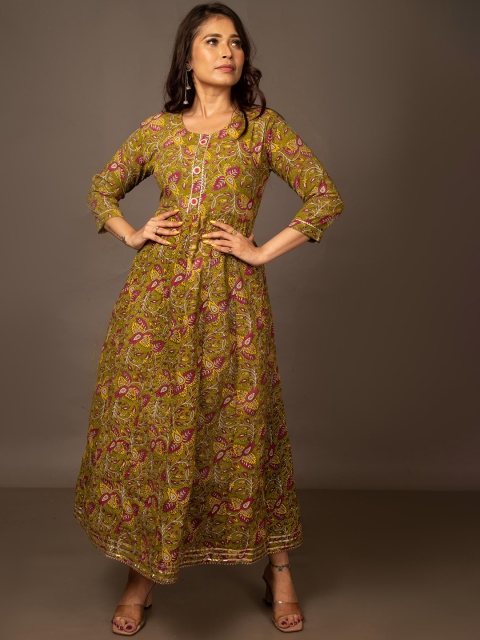 Unnati Silks Women Green Ethnic Motifs Printed Kalamkari Handloom Kurta
