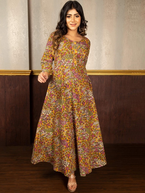 Unnati Silks Women Yellow Floral Printed Thread Work Floral Handloom Anarkali Kurta