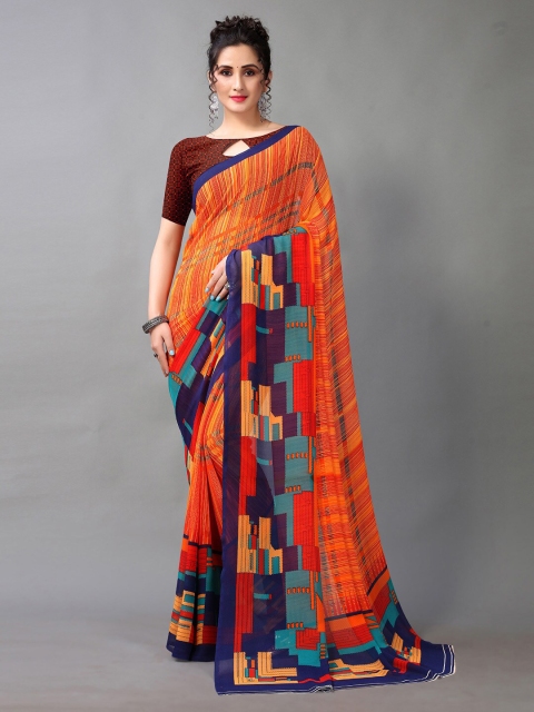 HRITIKA Orange & Navy Blue Saree