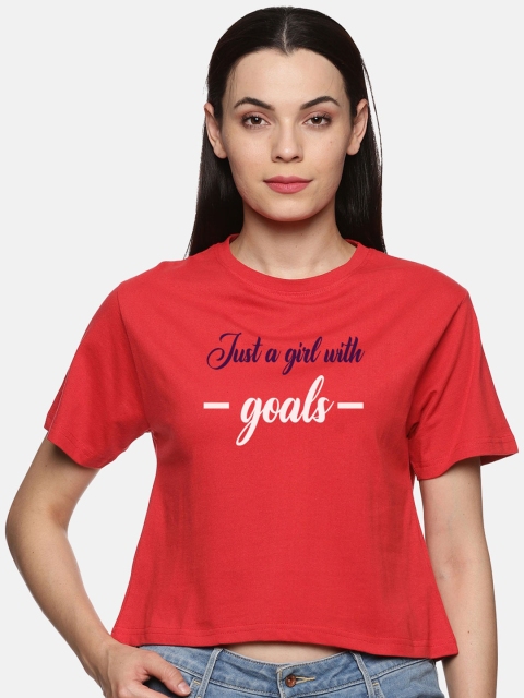 BEVERLY BLUES Women Red Typography Printed Cotton Crop T-shirt