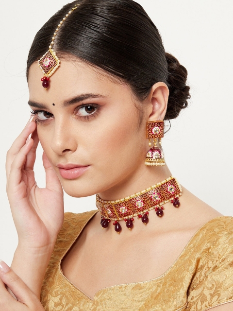 GloBox By ZeroKaata Gold-Plated Red Kundan-Studded Jewellery Set