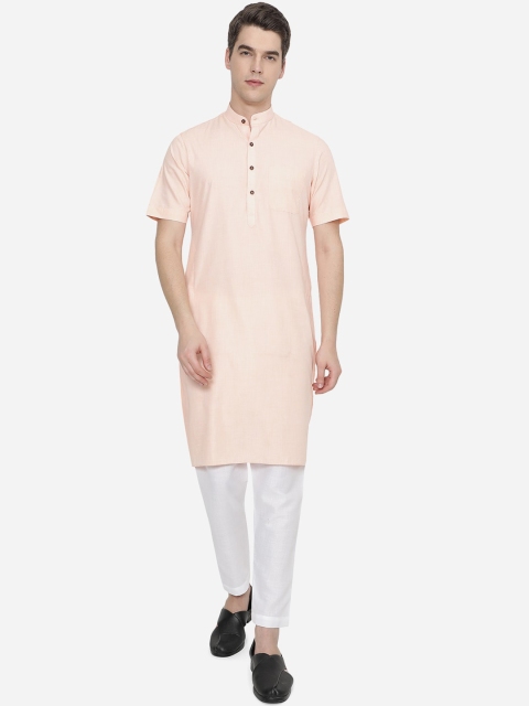 JADE BLUE Men Pink Solid 100% Cotton Straight Kurta