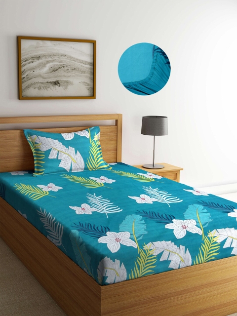 Arrabi Blue Floral 300 TC Single Bedsheet with 1 Pillow Covers