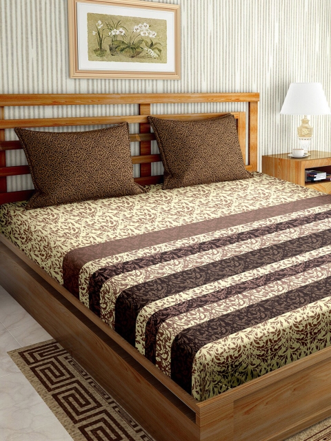 BELLA CASA Brown Floral 180 TC King Bedsheet with 2 Pillow Covers