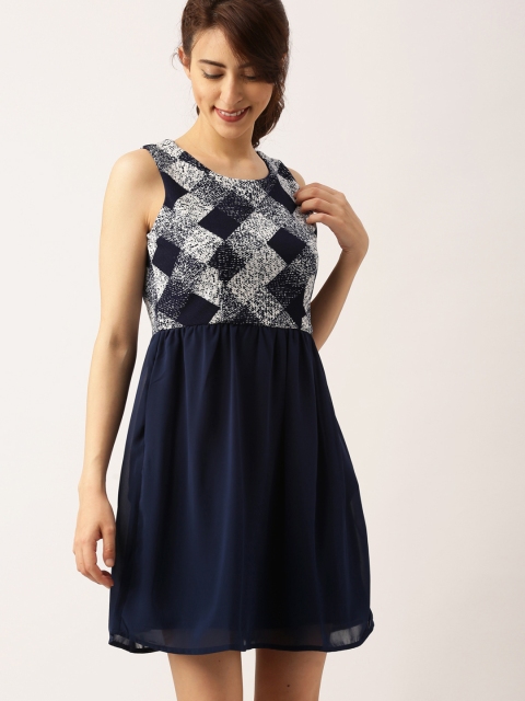 DressBerry Women Navy Blue Printed Fit and Flare Dress