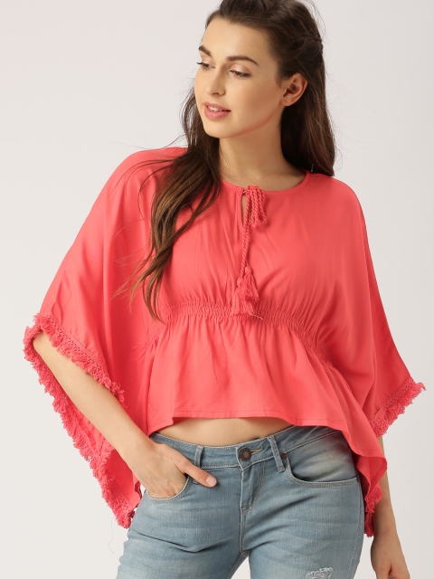 DressBerry Women Coral Red Solid Kaftan Top