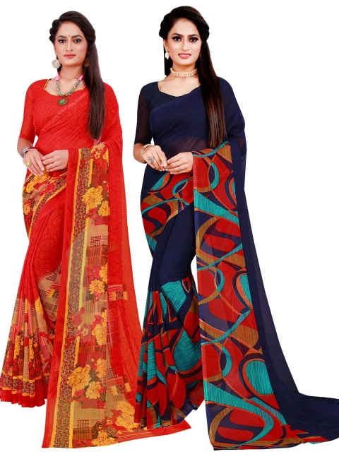 Florence Navy Blue & Red Pack Of 2 Printed Pure Georgette Sarees