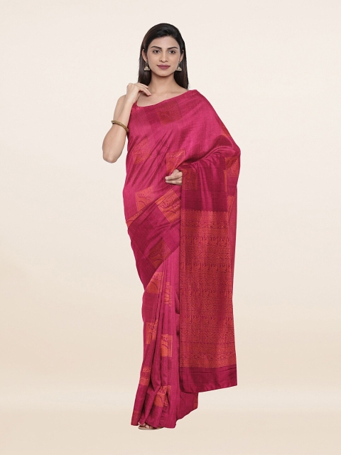 Pothys Pink & Gold-Toned Floral Zari Pure Silk Saree