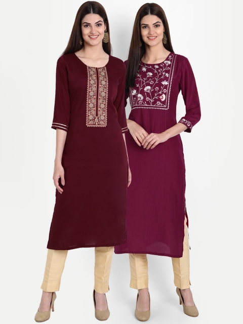 7Threads Women Pack of 2 Yoke Design Thread Work Kurtas, Maroon