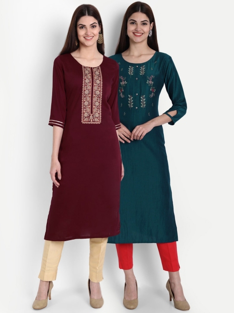 7Threads Women Pack Of 2 Maroon & Blue Floral Embroidered Thread Work Kurta
