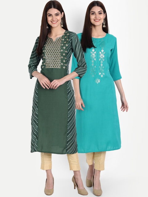 7Threads Women Pack of 2 Ethnic Motifs Embroidered Straight Kurta, Green
