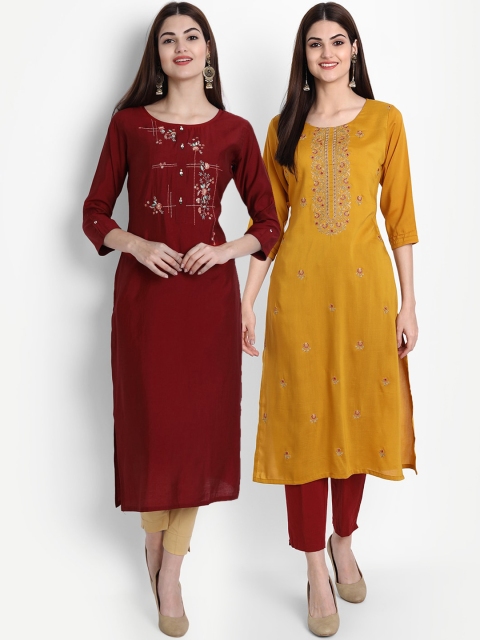 7Threads Women Maroon & Mustard Yellow Ethnic Motifs Embroidered Kurta