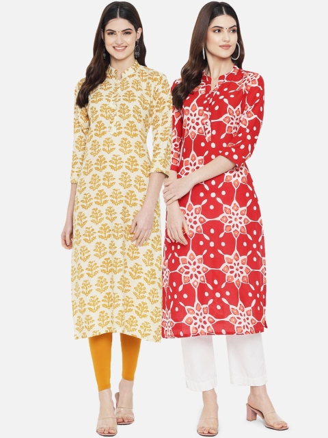 7Threads Women White & Red Set Of 2 Ethnic Motifs Printed Floral Kurtas