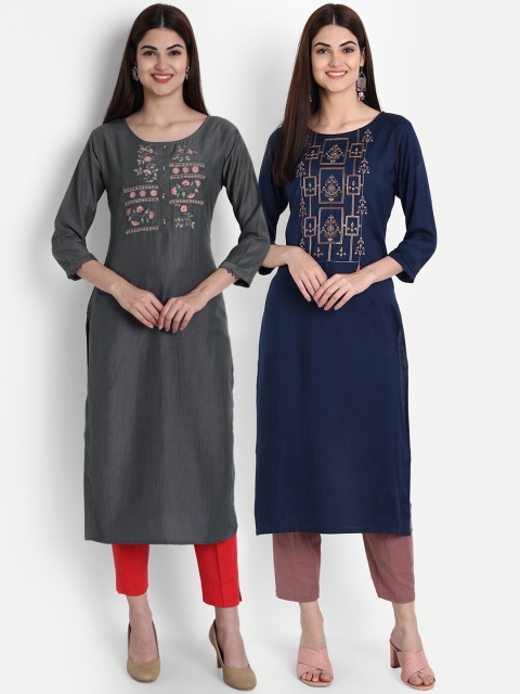 7Threads Women Pack of 2 Yoke Design Thread Work Kurtas, Blue