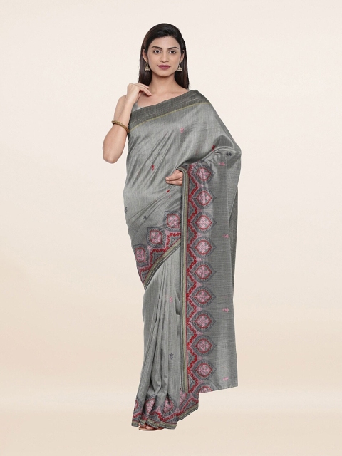 Pothys Grey & Red Floral Zari Pure Cotton Saree