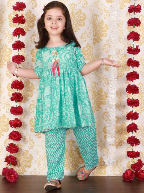 The Mom Store Girls Blue Floral Printed Pure Cotton Kurta with Palazzos & With Dupatta