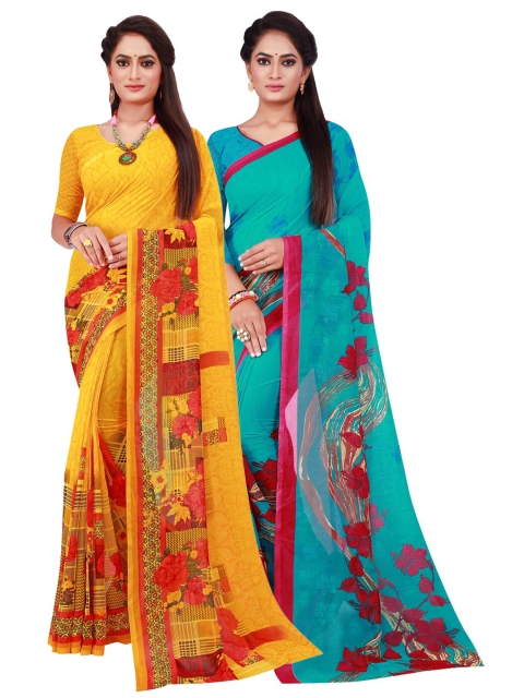 KALINI Yellow & Green Pure Georgette Saree