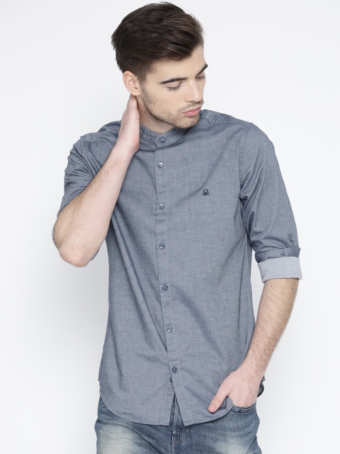 United Colors of Benetton Men Blue Solid Chambray Shirt