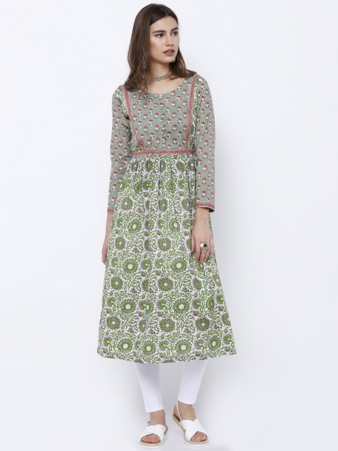 Vishudh Off-White & Green Printed Anarkali Kurta