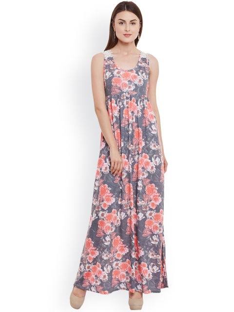 Kazo Grey Maxi Floral Print Dress with Lace Detail