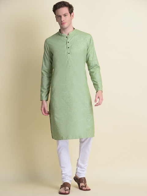 NAMASKAR Men Green Embroidered Mirror Work Pure Cotton Kurta with Churidar