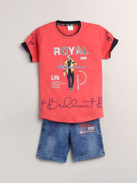 Hopscotch Boys Pink & Blue Printed Cotton Blend Clothing Set