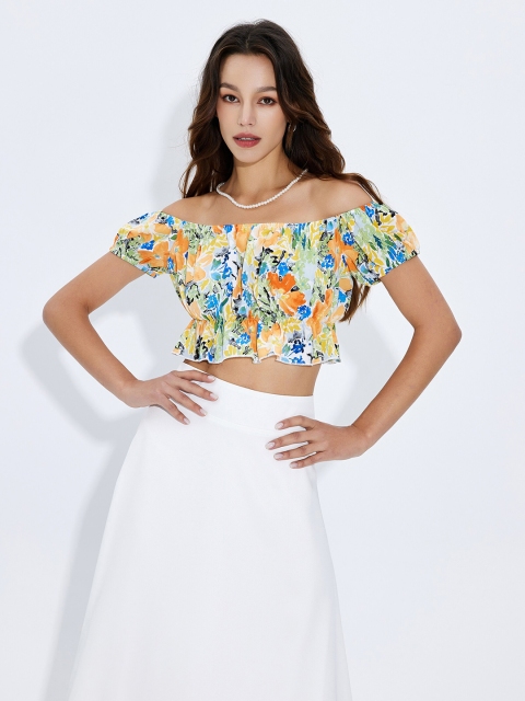 URBANIC Orange Floral Print Blouson Top
