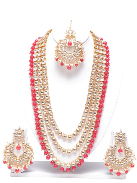 Swarajshop Gold-Plated Red Kundan Studded Layered Jewellery Set