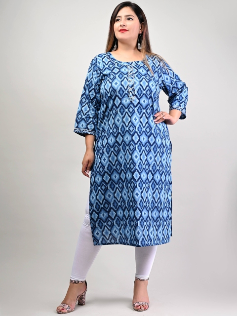 Swasti Women Blue Geometric Printed Mirror Work Floral Anarkali Kurta