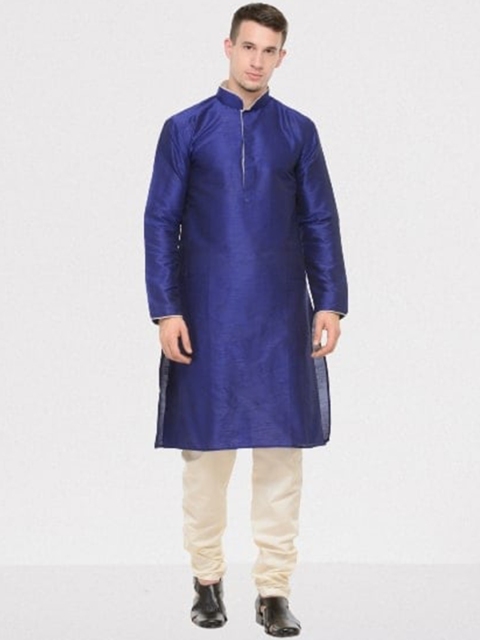RG DESIGNERS Men Blue Embroidered Layered Kurta with Pyjamas