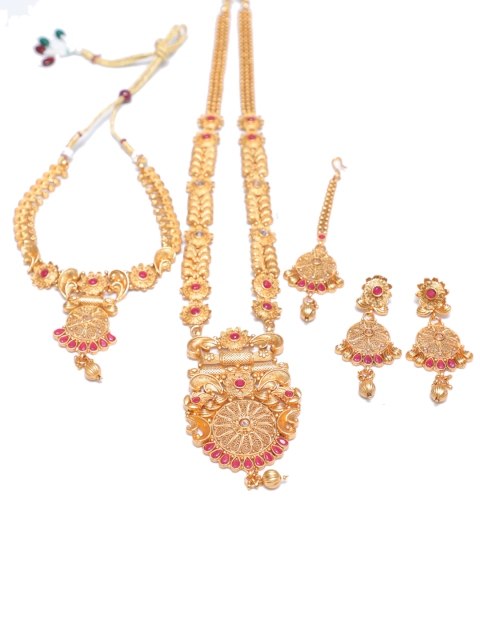 Swarajshop Gold-Plated Maroon Stone Studded Bridal Jewellery Set