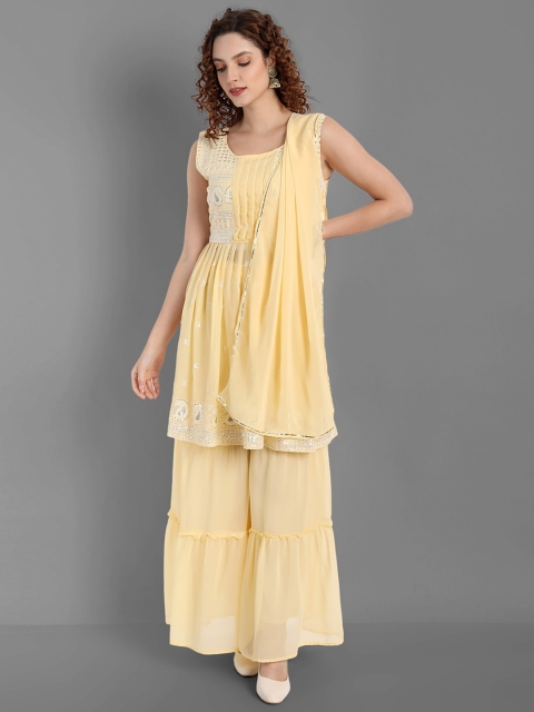 TORONFRAS Women Yellow Thread Work Silk Georgette Kurta with Palazzos & With Dupatta