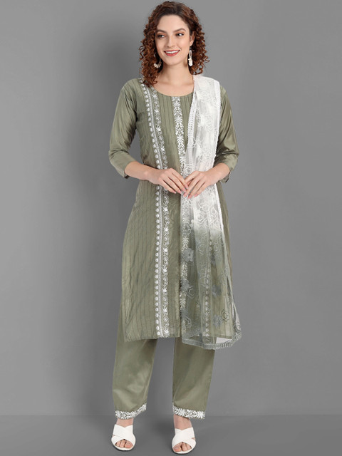 TORONFRAS Women Olive Green Ethnic Motifs Striped Aari Work Pure Silk Kurta with Trousers & With Dupatta
TORONFRAS Women Olive Green Ethnic Motifs Striped Aari Work Pure Silk Kurta with Trousers & With Dupatta