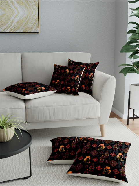 LA VERNE Grey & Red Set of 5 Floral Square Cushion Covers