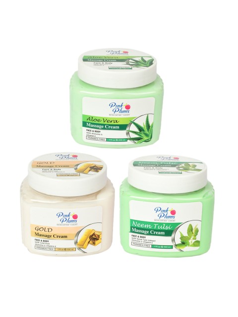 Pink Plums Set of Aloe Vera + Neem Tulsi + Gold Face & Body Massage Cream - 500 ml Each, Green
Pink Plums Set of Aloe Vera + Neem Tulsi + Gold Face & Body Massage Cream - 500 ml Each, Green
