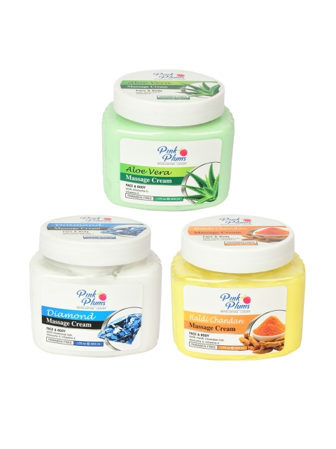 Pink Plums Set of Aloe Vera + Diamond + Haldi Chandan Massage Cream - 500 ml Each, Green
Pink Plums Set of Aloe Vera + Diamond + Haldi Chandan Massage Cream - 500 ml Each, Green