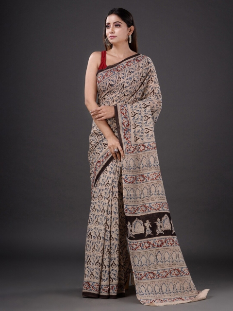 Mitera Grey & Blue Floral Pure Cotton Saree