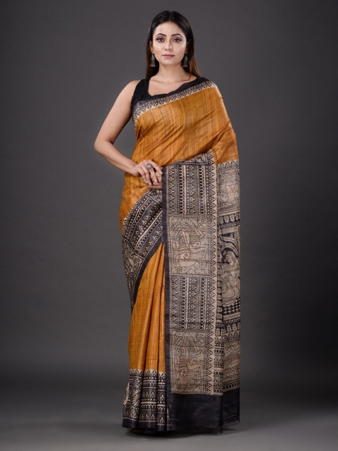 Mitera Mustard & Black Ethnic Motifs Zari Silk Blend Heavy Work Saree